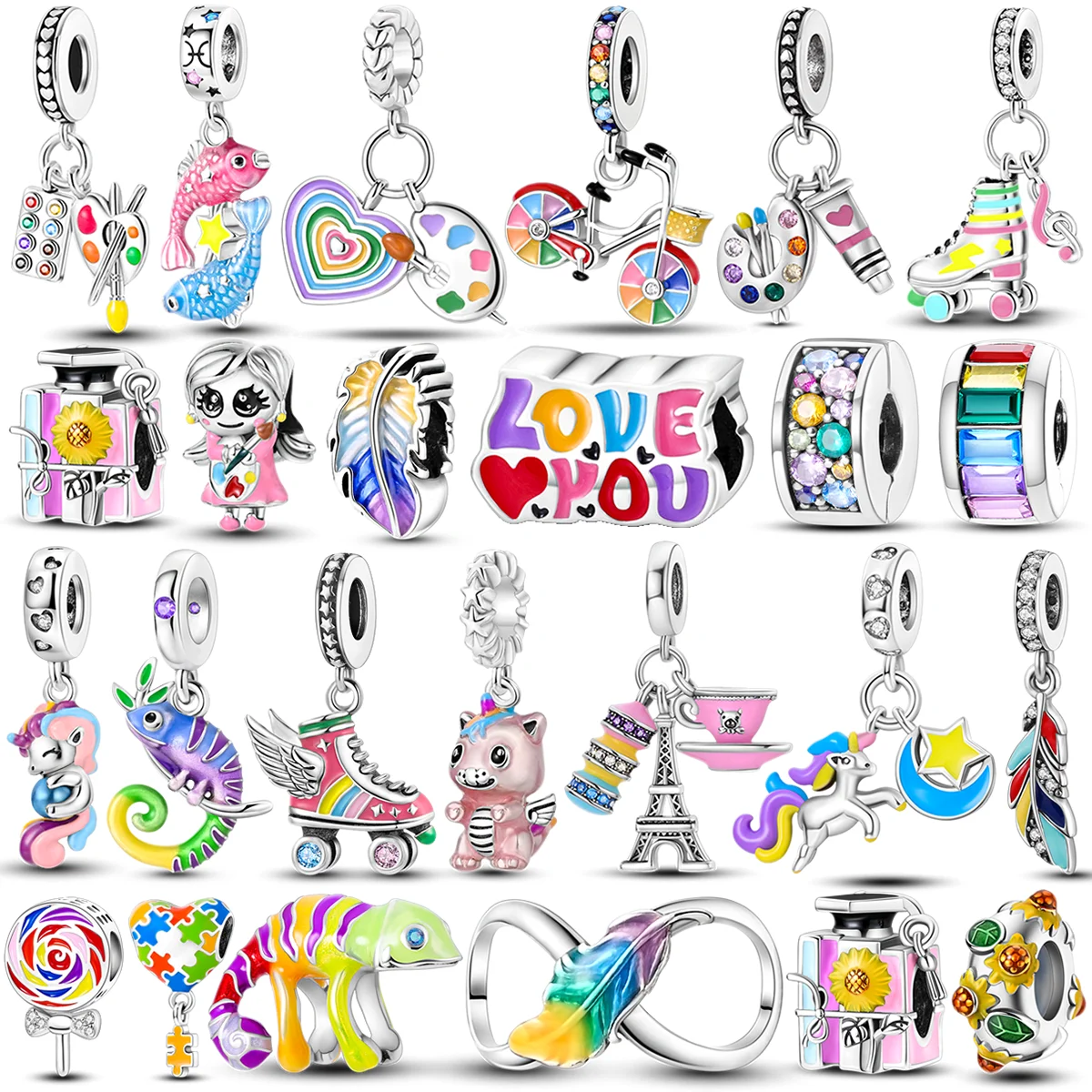 Silver Plated Chameleon Charms Bead Colorful Sketchpad Dangle Zirconium Clip Bangle Bracelet Necklace DIY Jewelry Marking