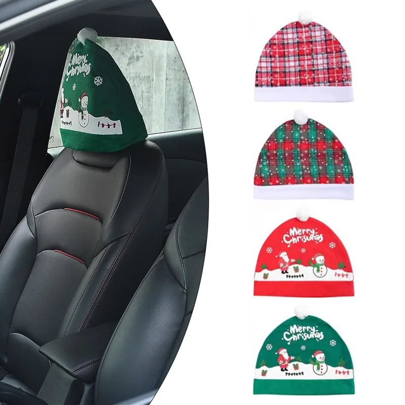 

Hot Car Seat Headrest Covers Christmas Hat Decorative Car Accessories Interior Headrest Protectors Ornaments Christmas