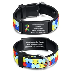 Custom Autism ID Bracelets Parents Gift To Son Boys, Colorful Puzzle Silicon Bracelet Free Engraving