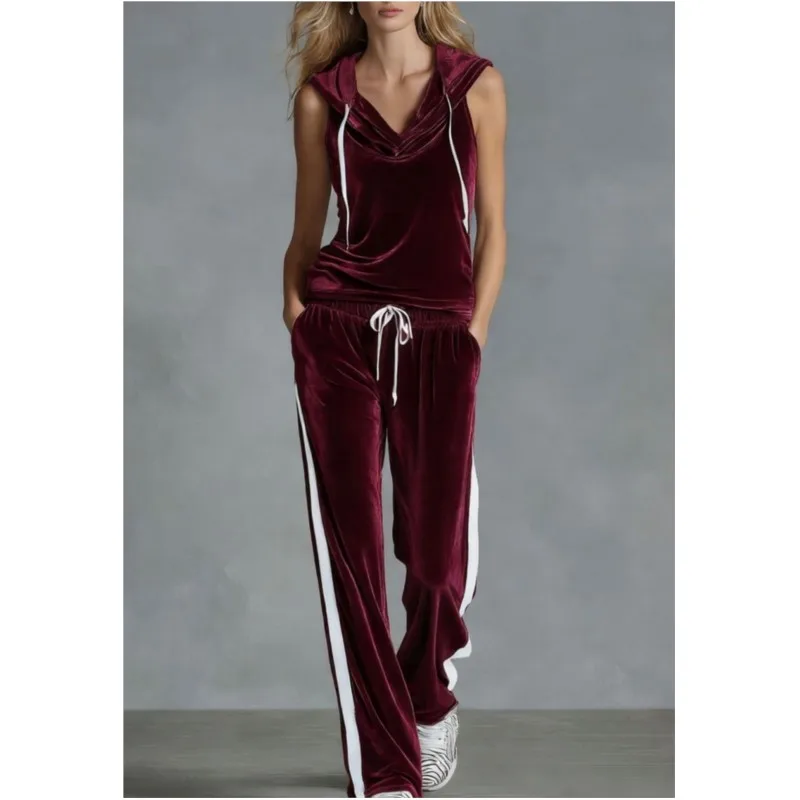 

Fashionble Women Suit Solid Color Loose Gold Velvet Sleeveless Casual Hooded Top Lace-up Trousers Sports Two-piece Set Spring