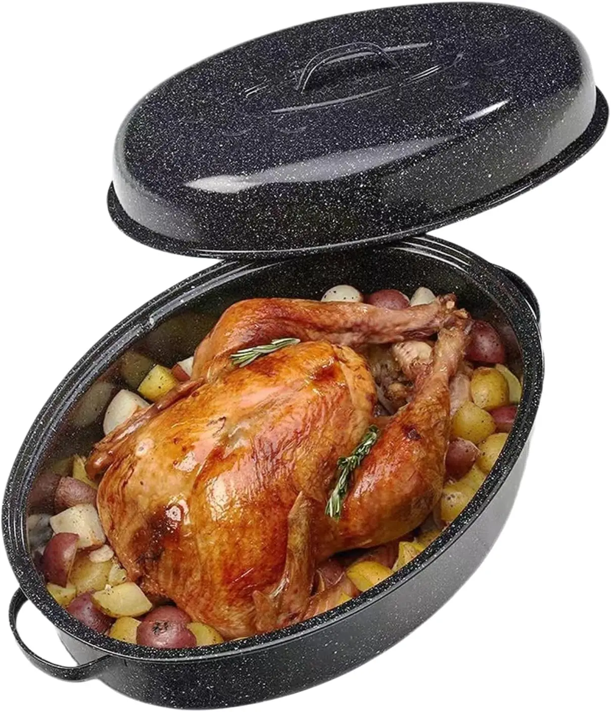 

18in Oval Roasting Pan with Lid, Enamel Carbon Steel, High Temp Resistant, 18lb Capacity