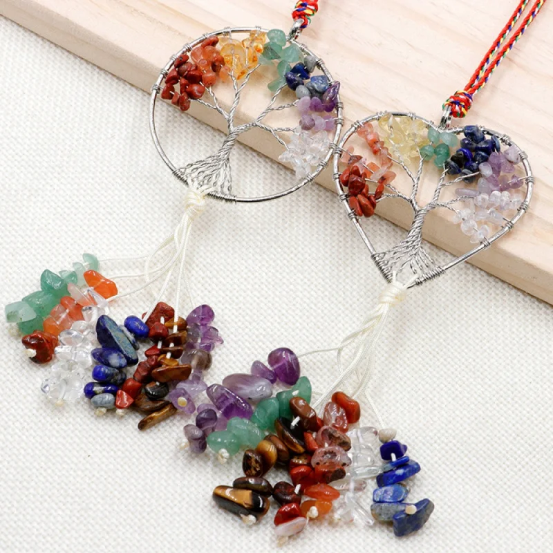 Ethnic Chakela Lucky Tree Jewelry Colorful Natural Stone Wheel Car Hanging Crystal Gravel Tassel Pendant Factory Bulk Wholesale