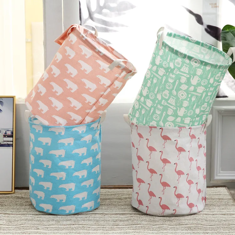 Cotton Linen Dirty Laundry Basket Foldable Round Waterproof Organizer Bucket Clothing Children Toy Large Capacity Storage Home