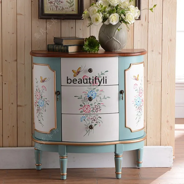 

Entrance Cabinet Chest of Drawers Solid Wood Hall Cabinet Painted Curio Cabinet Vintage American Semicircle Corridor Cabinet