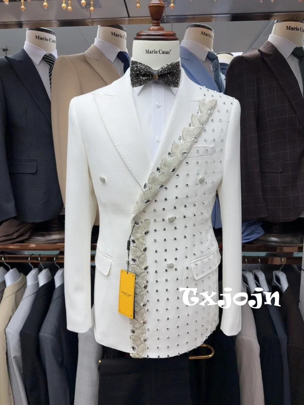 Trajes de hombre de doble botonadura con cuentas blancas brillantes, 2 piezas, novio de boda, esmoquin para padrino, conjunto de traje de lujo personalizado para hombre 2025