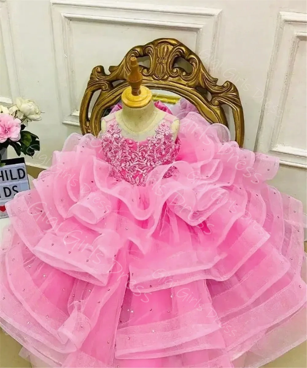 فستان فتاة الزهور من التول المكشكش لحفلات الزفاف للأطفال الصغار مزين بالخرز مع فيونكة فستان حفلة عيد ميلاد الأميرة مخصص #6