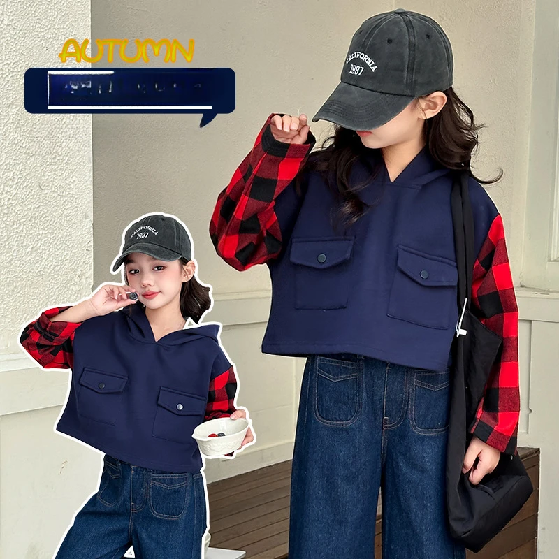 

Girls sweater autumn 2024 new style splicing hooded sweater jeans set medium and large children's pullover top