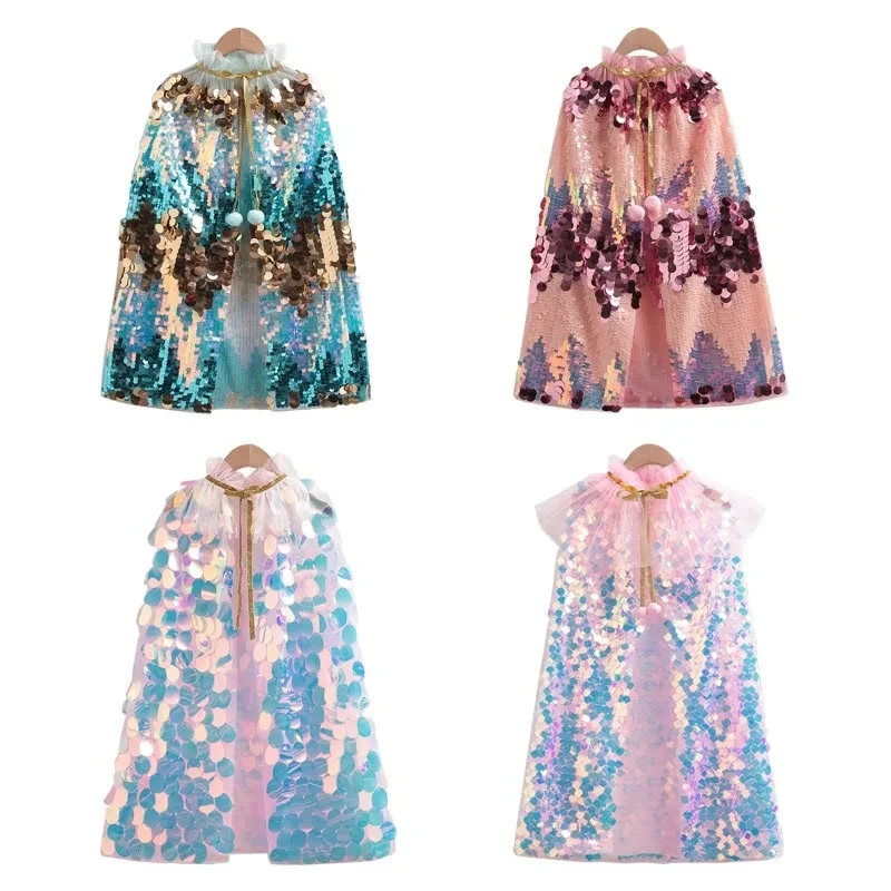 2026 Summer New Girls Colorful Big Sequins Mesh Cloak Children Cartoon Mermaid Shawl Dress Up Princess Costumes Role Play