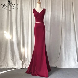 Dark Red Stretchy Satin Evening Dresses V neck Mermaid Cut-out Waist Prom Gown Sleeveless Beading Open Low Back Split Party Gown