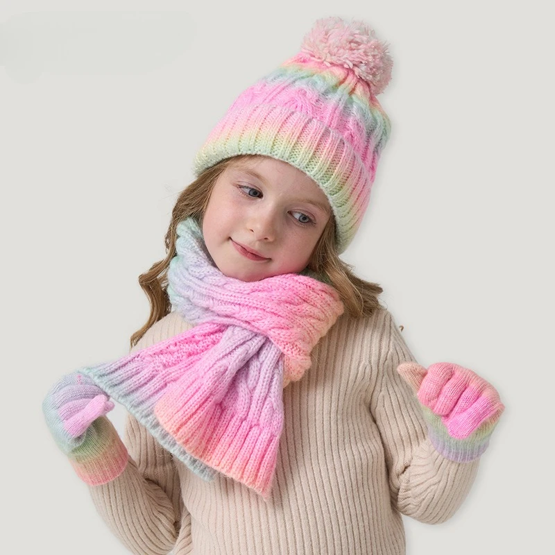 Children Gradient Knitted Hat Scarf Gloves 3Pcs Set Neck Warmer Rainbow Colorful Cap Glove Thermal Three-Piece Set Winter Kids