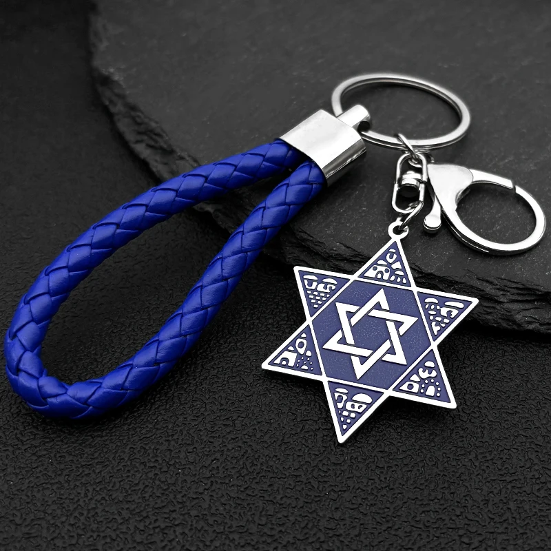 

Jewish Hexagram Judaica Symbol Blue Color Pendant Key Chains Stainless Steel Star of David Shield Leather Key Ring Jewelry