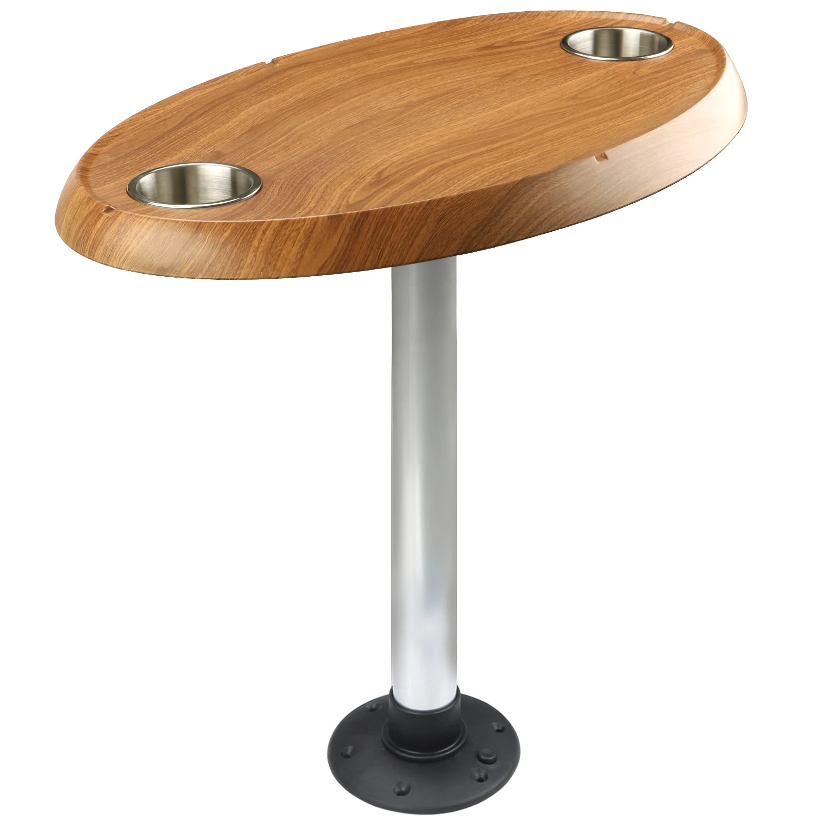 Oval Shape Plastic Table Top With SS Drink Holders and Aluminum Pedestal 750*450mm Marine Boat RV