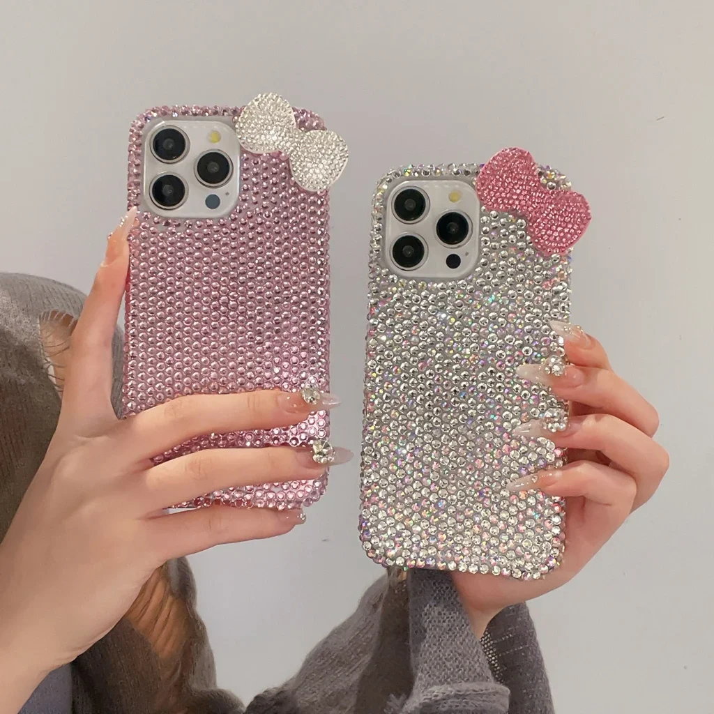 Stylish BlingBling Stereoscopic Bowknot Rhinestone Decoration Phone Cover Case for iPhone 16 15 14 13 12 11 Pro Max Plus