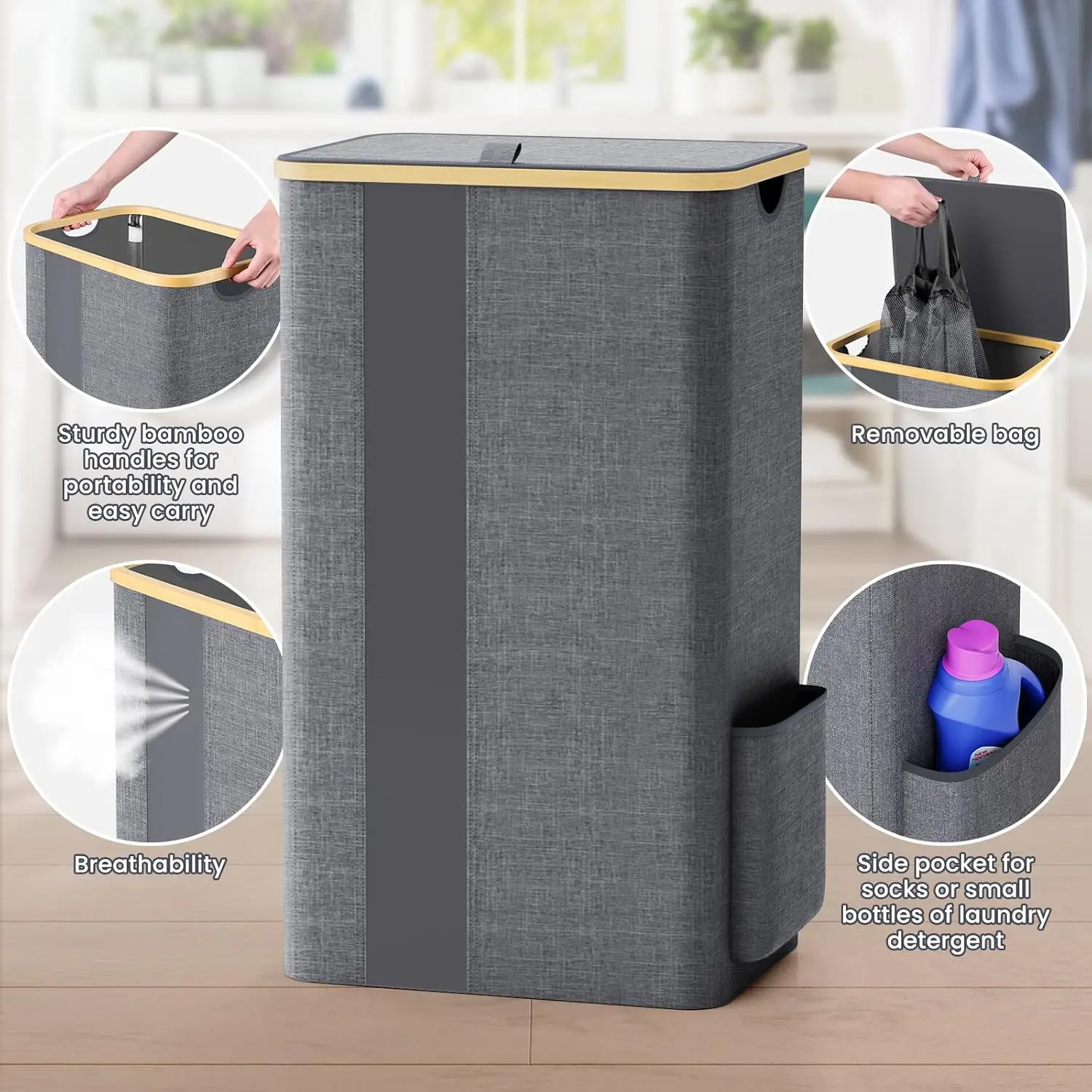 100L Laundry Hamper with Lid & Removable Mesh Bag, Breathable Design for Bedroom Bathroom Dorm Storage - Light Grey