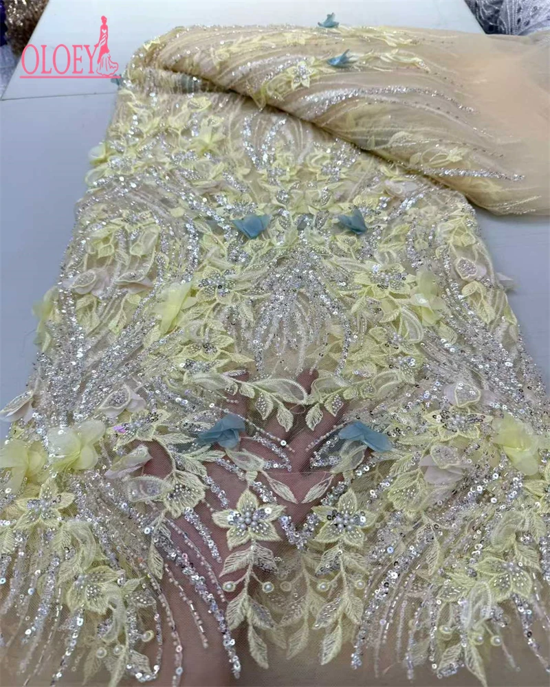 OLOEY 아프리카 레이스 원단 2025 스팽글 비즈 자수 신랑 나이지리아 신부용 고품질 프랑스 튤 레이스 원단 웨딩용