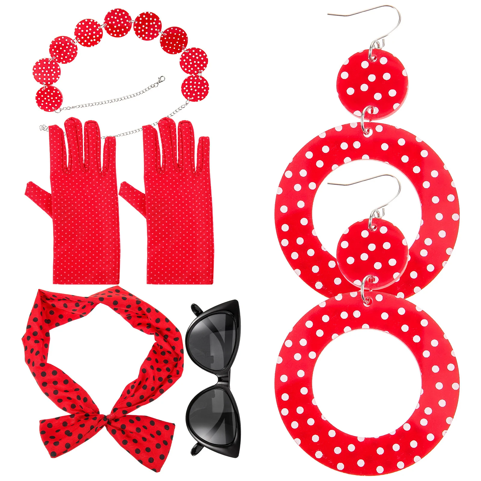 1세트 50년대 액세서리 여성 의상 세트 목걸이 귀걸이 안경 머리 장식 레트로 빈티지 스타일 파티 할로윈 50년대 액세서리