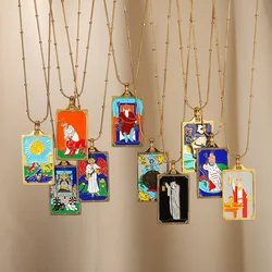 Vintage Square Tarot Pendant Necklace For Women Men Gold Color Star Moon Religious Art Necklace Punk Jewelry Christmas Gift