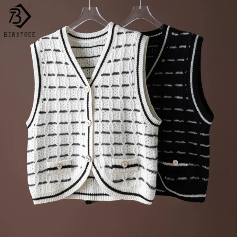 

Birdtree, вязаный крючком жилет из 100% овечьей шерсти, женский однобортный свитер с v-образным вырезом, осень/зима 2022, мягкий жилет T5O812JF