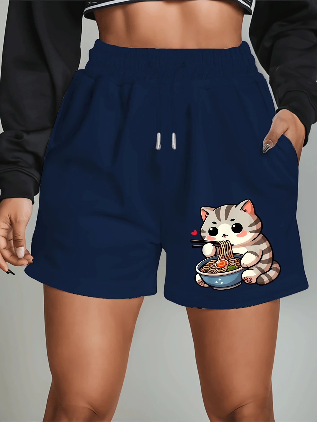 

Women's Large Size Summer Plush Letter 'N' Cat Eating Noodles Shorts - Casual Beach S Mid-Length Pants
