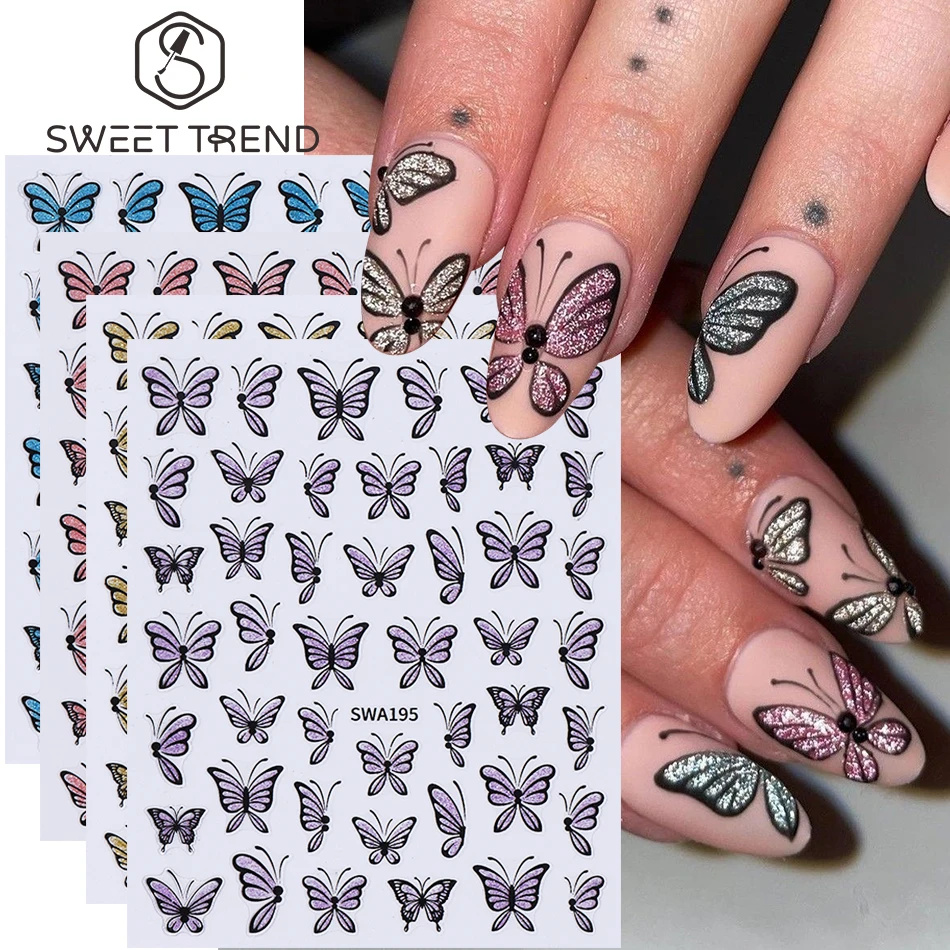 4 Stück Glitzer-Schmetterlings-Nagelkunst-Aufkleber Y2K Bunte Schmetterlings-DIY-Selbstklebende Nagelsticker Elegante Maniküre-Dekoration Slider