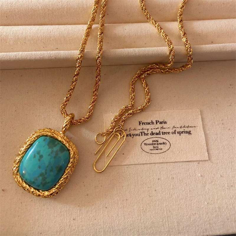 Medieval Style Square Natural Stone Pendant Inlaid with Blue Turquoise Lapis Lazuli Sweater Chain Necklace for Women
