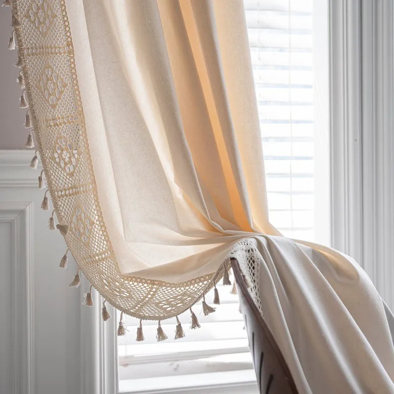 American Solid WithTassels Cotton Linen Blackout Window Curtain Thick Ready-made Drapes for Bedroom Curtains In The Living Room