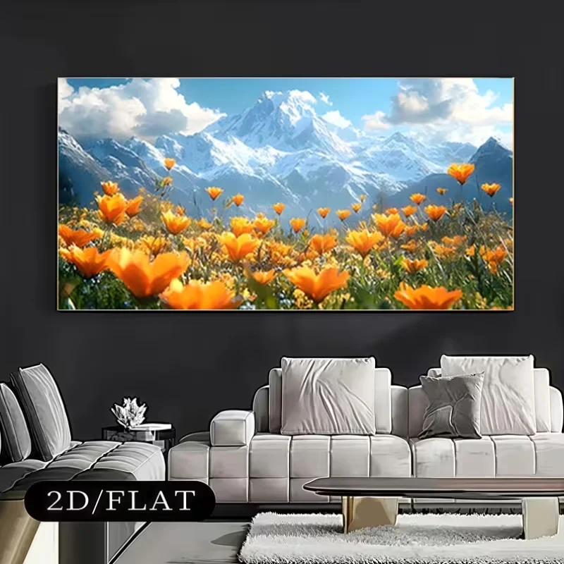 2D Flat, 2D Flat, A Large 2D/FLAT Unframed Canvas Painting Featuring Vibrant Orange And Yellow Flowers Blooming Beneath a Snowy