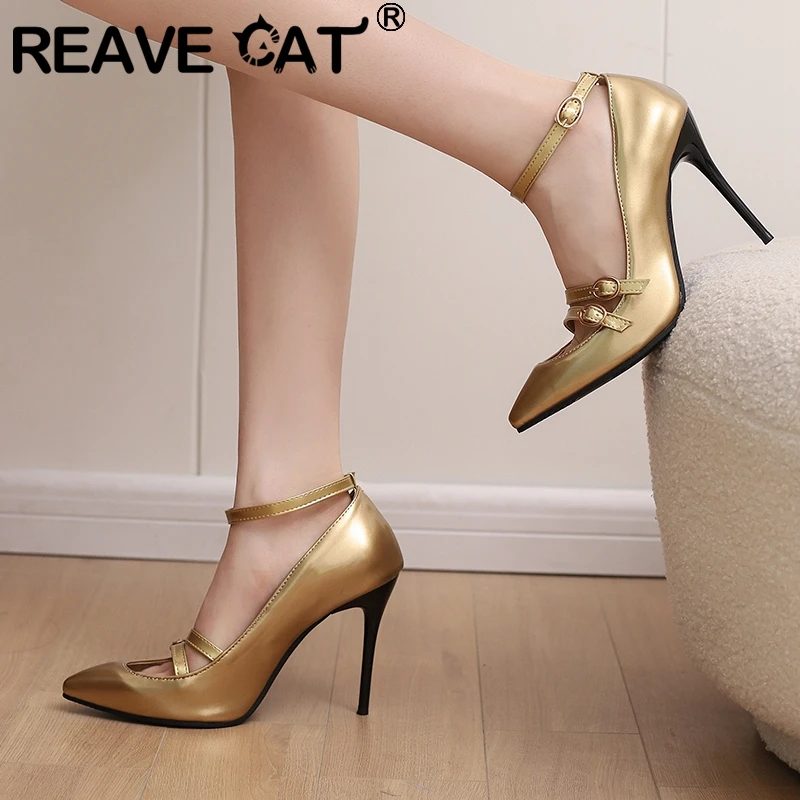 REAVE CAT Sexy Female Pumps 31 32 33 Pointed Toe Stiletto 10cm Ankle Buckle Strap Decoration 49 50 Party Shoes