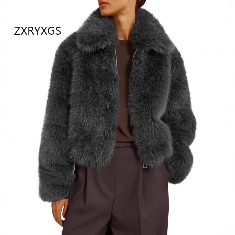 ZXRYXGS Temperament Trendy Lapel Zipper Faux Fur Jacket Women's Coat 2025 New Autumn Winter Jackets Short Fashion Casual Coat