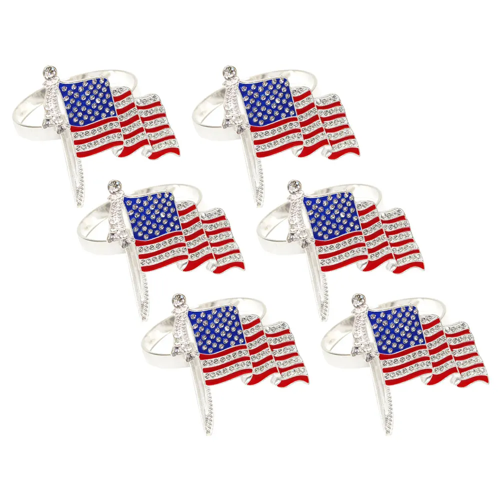 

6pcs Rings Independence Day Patriotic American Flag Rhinestone Bling Dinner Table Decoration Party Picnic Family Serviette