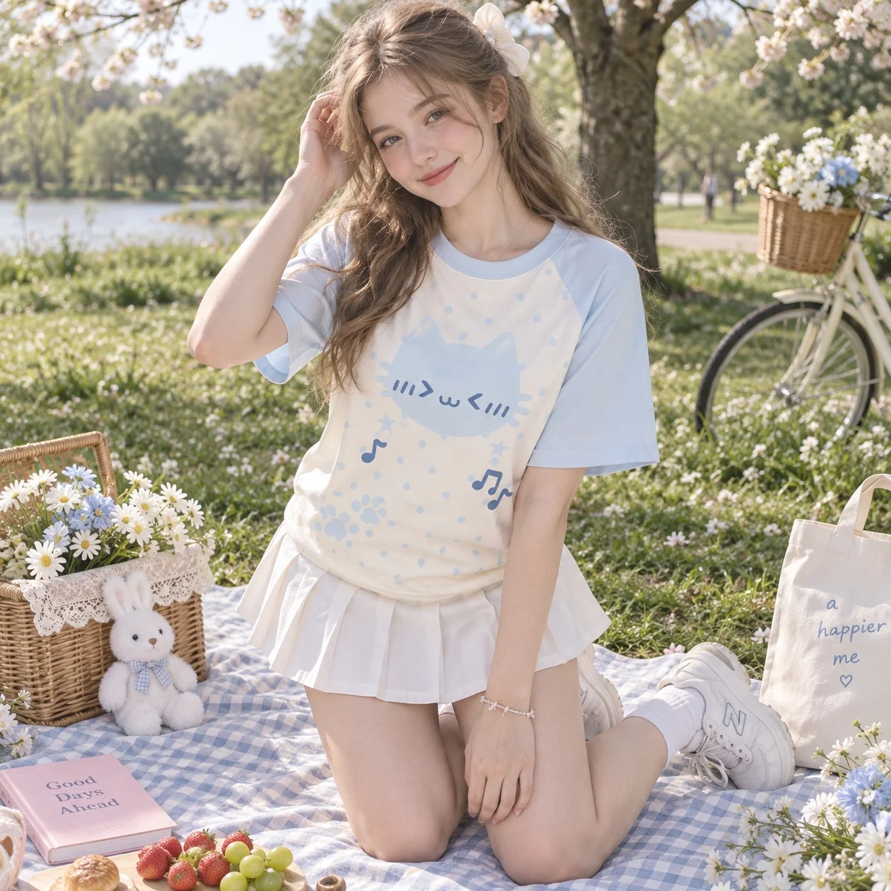 Cute Cat Musical Note Polka Dot Print Women's Short Sleeve T-shirt Sweet and Cool Girls Casual Daily Versatile A Must-have