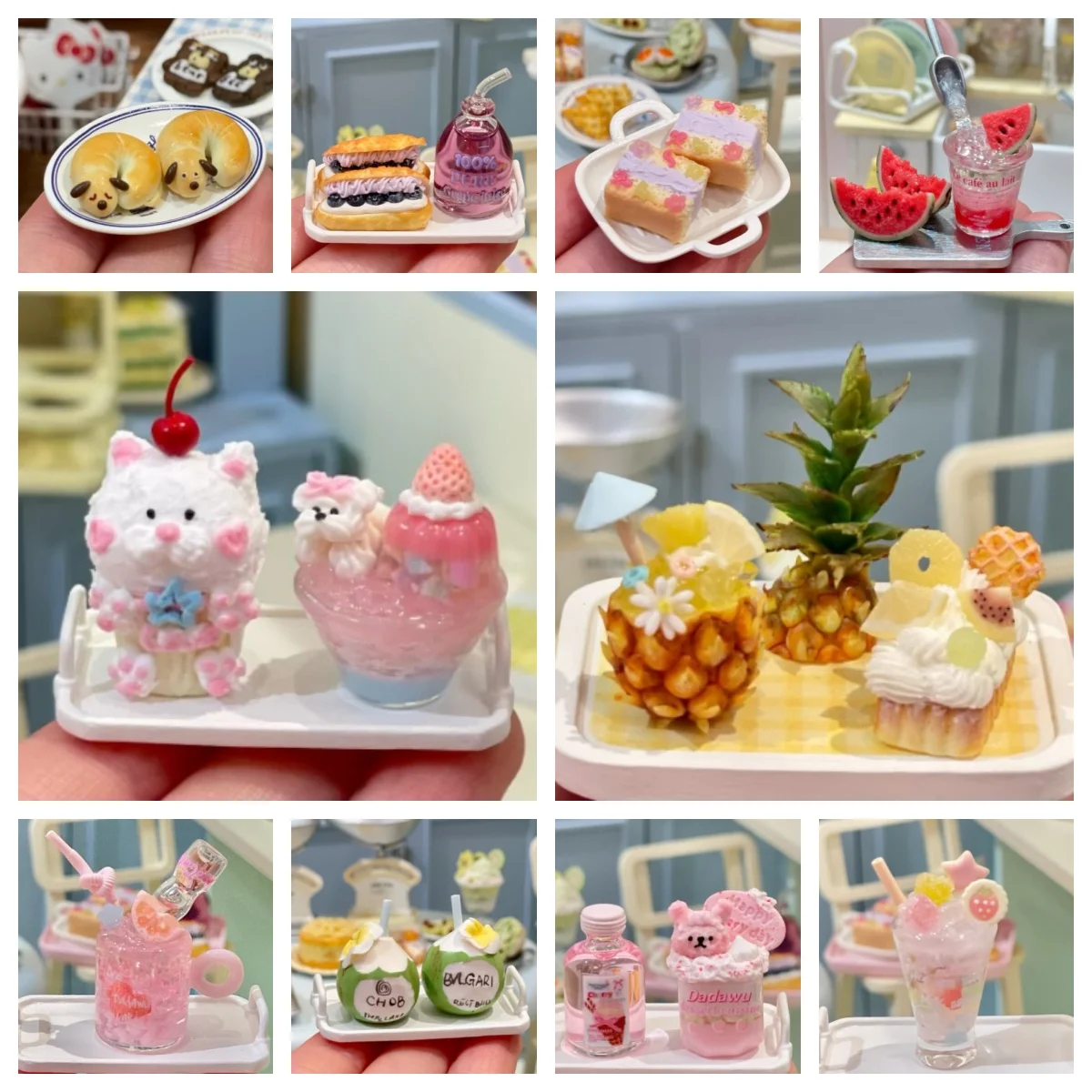

K-Summer Artisan Dessert Set - LuxeBites Macaron Palette: Rainbow Cake, Pineapple Ice Cream & Coconut Drink Hand-Painted Resin