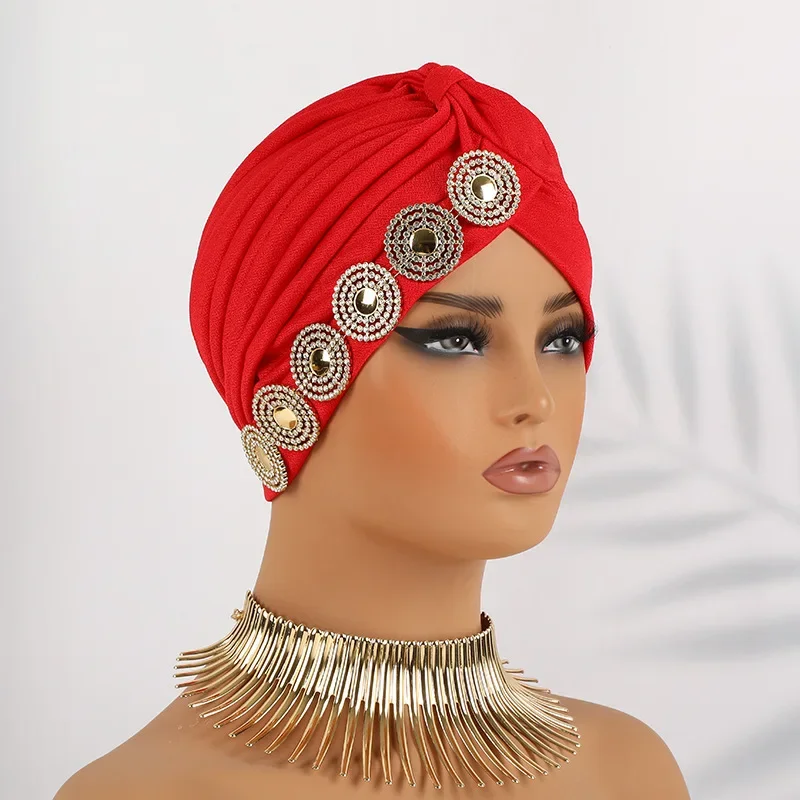 Gorro de quimio para Mujer india, Hijab musulmán con diamantes, Turbante plisado, pañuelo para la cabeza, gorros para la pérdida de cabello, gorro