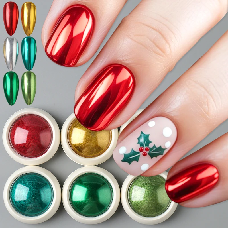 6pcs Christmas Metal Glitter Red Green Gold Chrome Nail Powder Bright Mirror Metallic Rubbing Pigment Dust Winter Nail Art Decor