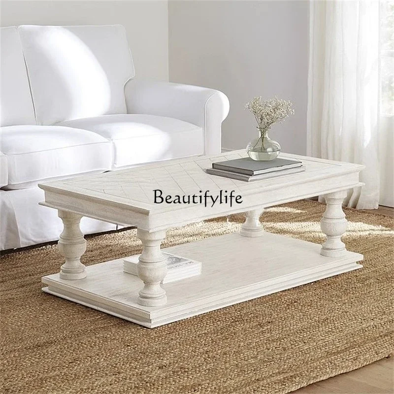 

yj5 *French retro old solid wood coffee table American simple pastoral square coffee table
