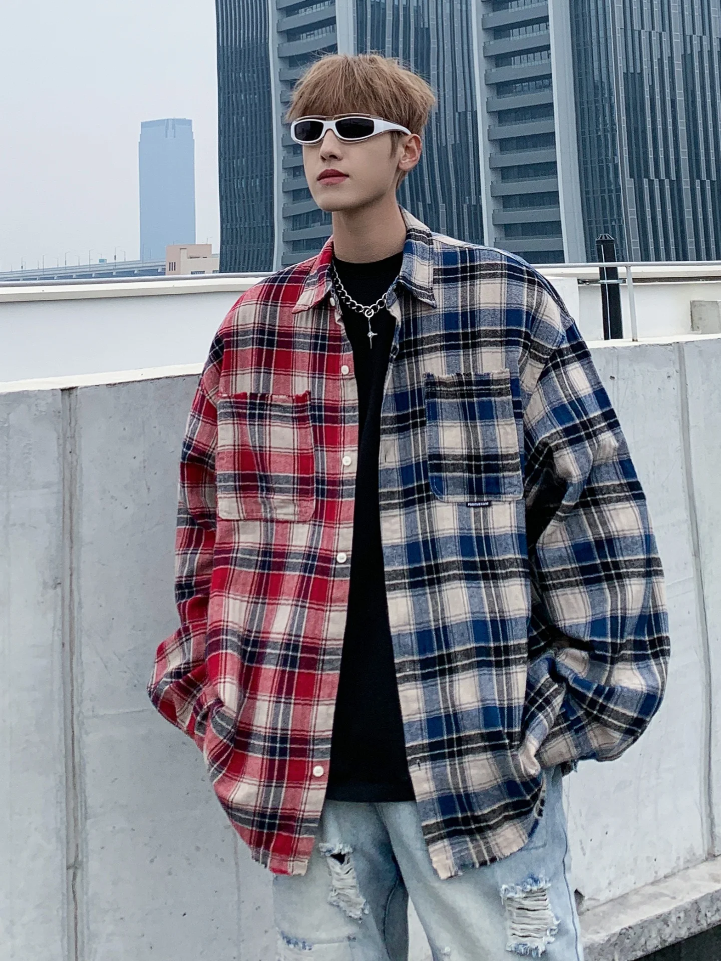 American Style Color Block Frayed Shirt Men's Retro Personalized Design Grid Coat Couple Model Long Sleeve Button Closure