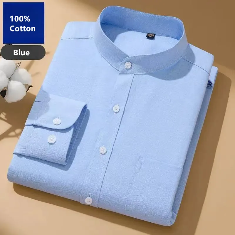 

Men's 100% Cotton Long Sleeve Shirt with Pocket Stand Collar Smart Casual Business Style Pure Cotton Menswear Fashion