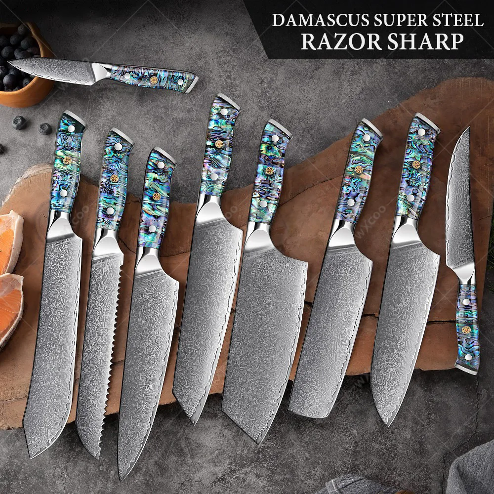 

1-9pcs New Damascus Steel Chef's Knife Vegetable and Fruit Household Kitchen Knives Meat Cleaver Knife Boning Knife Cooking Tool