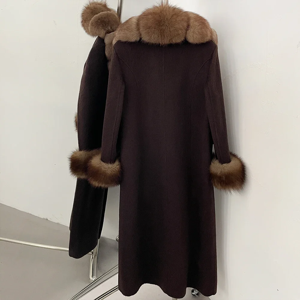 OFTBUY Damen Neue Herbst-Winter-Kleidung, Wollmantel mit Natürlichem Pelzkragen und -manschetten, Langer Warmer Echter Fuchspelz-Wollmantel – Detail 8