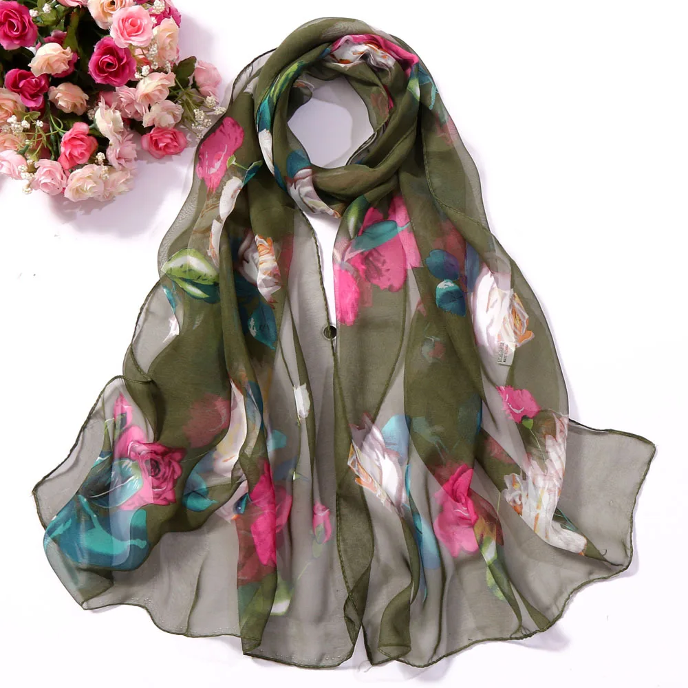 Rose Flower Summer Chiffon Georgette Scarf Women Foulard Shawl Bandana Elegant Beach Sun Protection