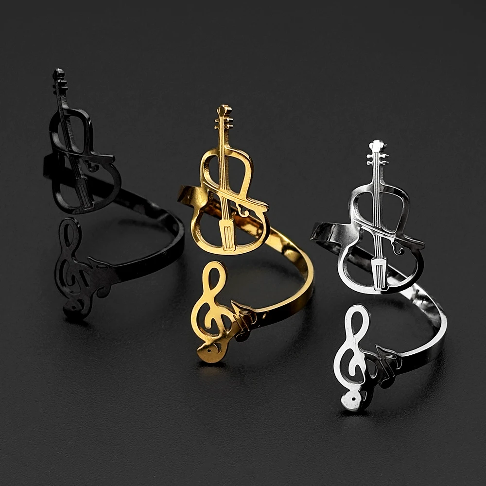 Stainless Steel Musical Note Rings Women Men  Adjustable Open Violin Treble Clef Ring Music Lover Birthday Party Jewelry Gift