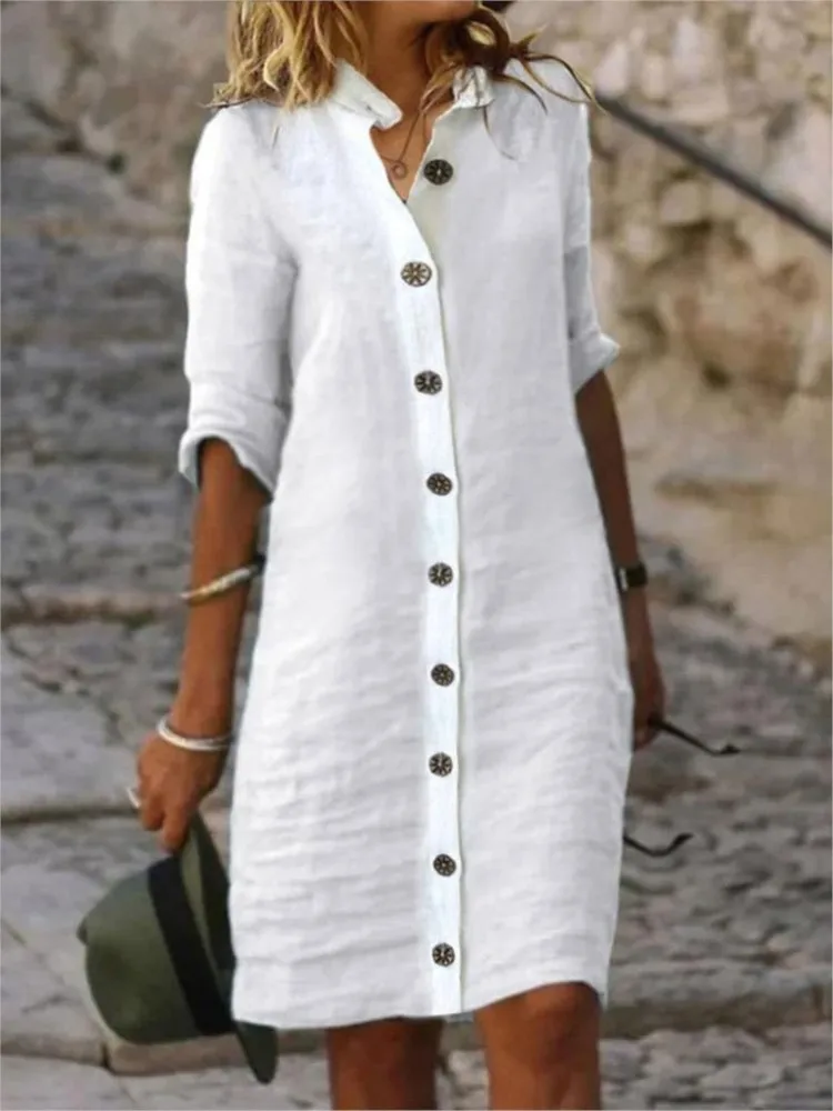 

Women's Casual White Dress Fashion Turn-down Collar Button Dresses For Women Elegant Office Holiday Womens Clothing Summer New