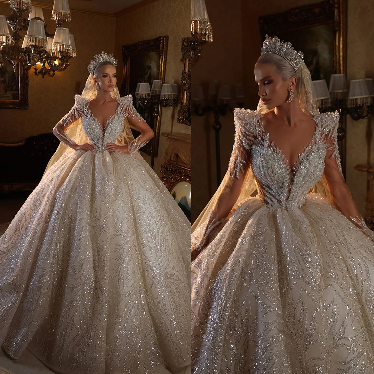 

Luxury Ball Gown Wedding Dresses Long Sleeves V Neck Sequins Ruffles Appliques Beads Lace-up CustomBridal Gowns Vestina De Novia