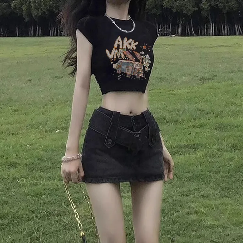 تي شيرت نسائي بأكمام قصيرة Harajuku كوري جمالي أنيق كاجوال فضفاض مناسب مريح مطبوع عليه رسومات صيفية عصرية يوميًا