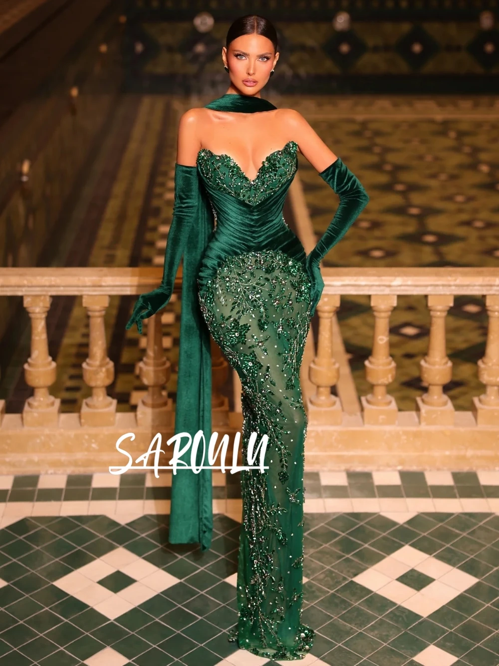 

Illusion Women Evening Dress High-end Beads Crystals Sequins Prom Gown With Scarf Ruched Waist Chic Banquet Party Richly Wear