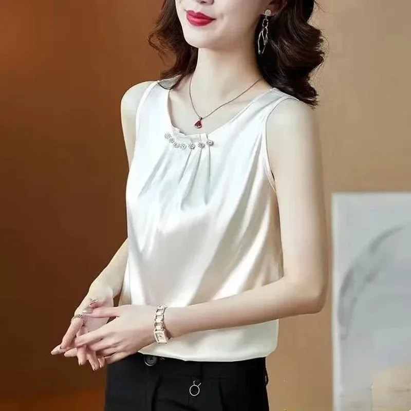 New Strap Top O Neck Basic Solid Sleeveless Satin Silk Tank Tops Women's Summer Beading Spliced Round Neck Tops Camisole Ladies