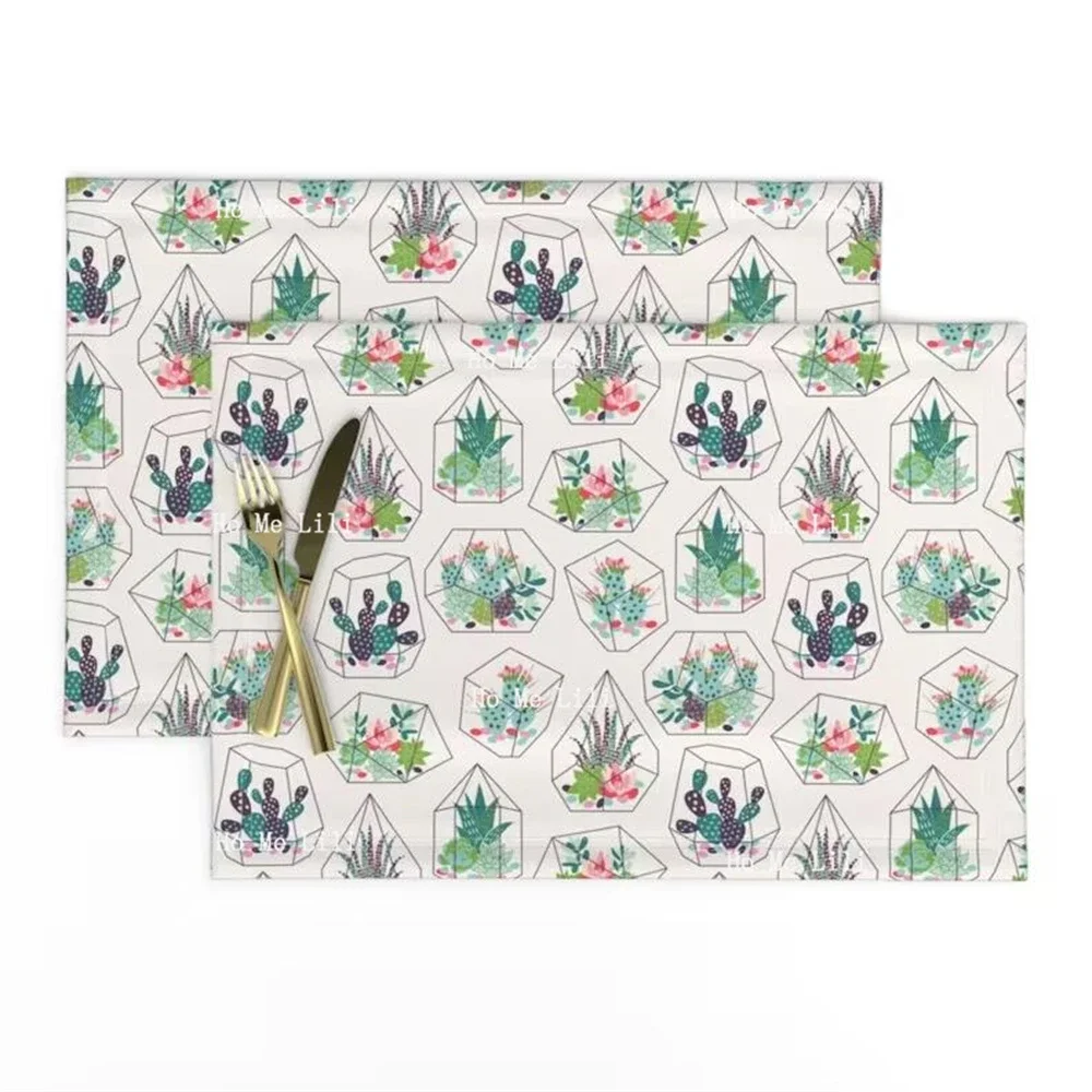 Succulents And Cactuses Glass Terrariums Desert Cactus Flower Greenery Watercolor Polyester Fabric Placemat