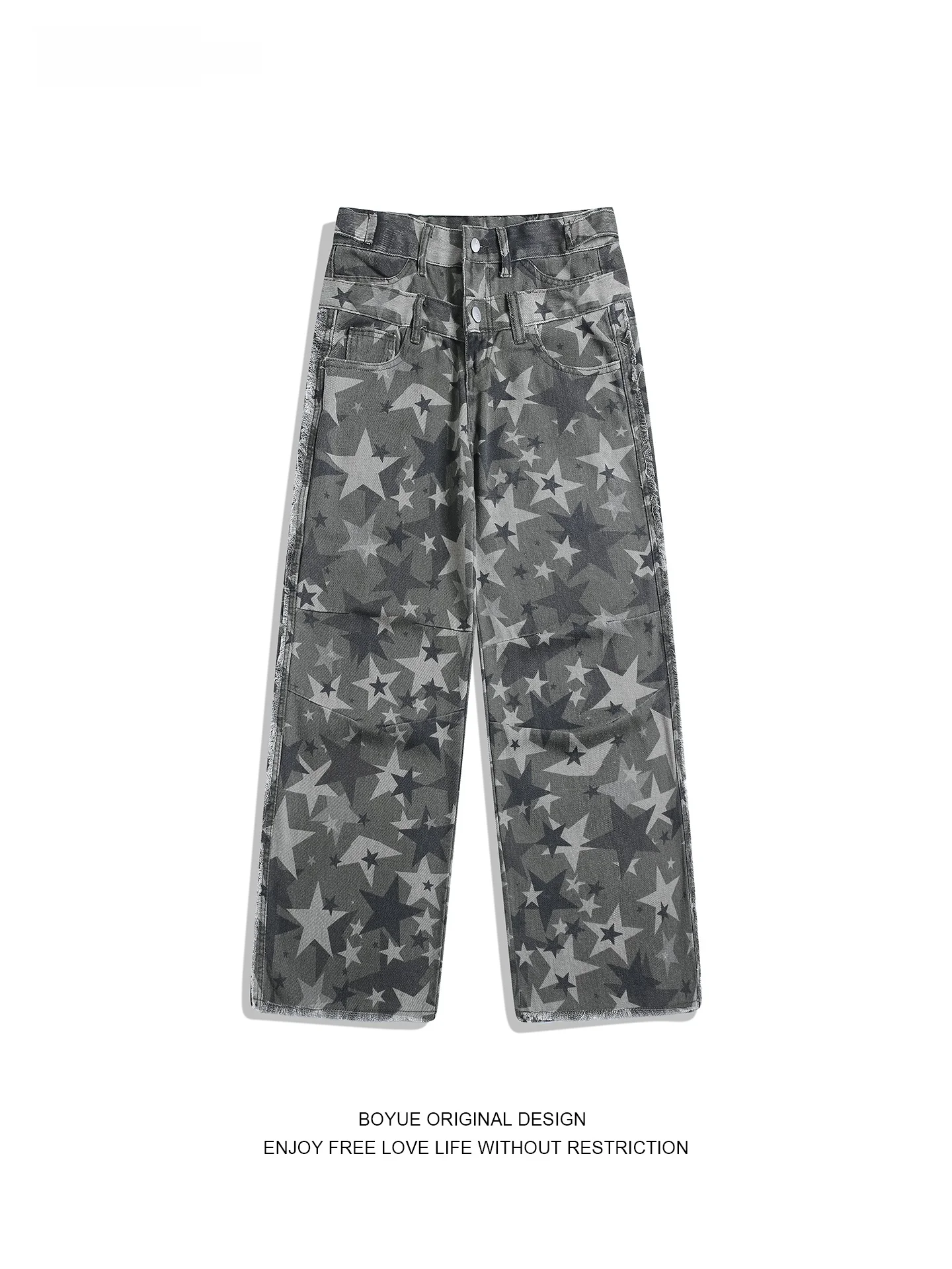 

Boyue American Retro High Street Camouflage Design Straight Leg Workwear Sle Long Pants Men's Women's Star Pattern Jeans