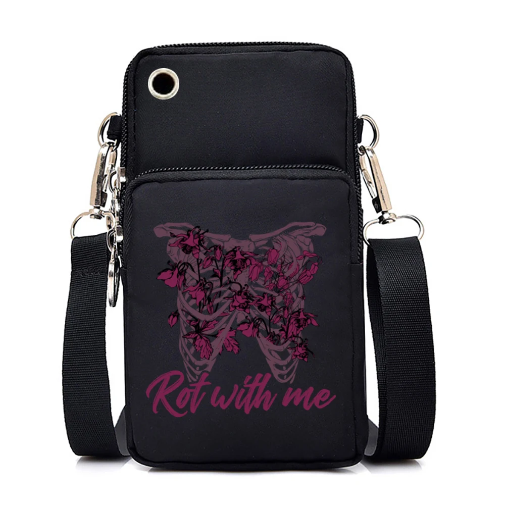 Skull Cat Print Shoulder Bag para mulheres, Mini bolsa para telefone móvel, Bolsa Gótica Punk, Bolsas Crossbody, Carteira de moda