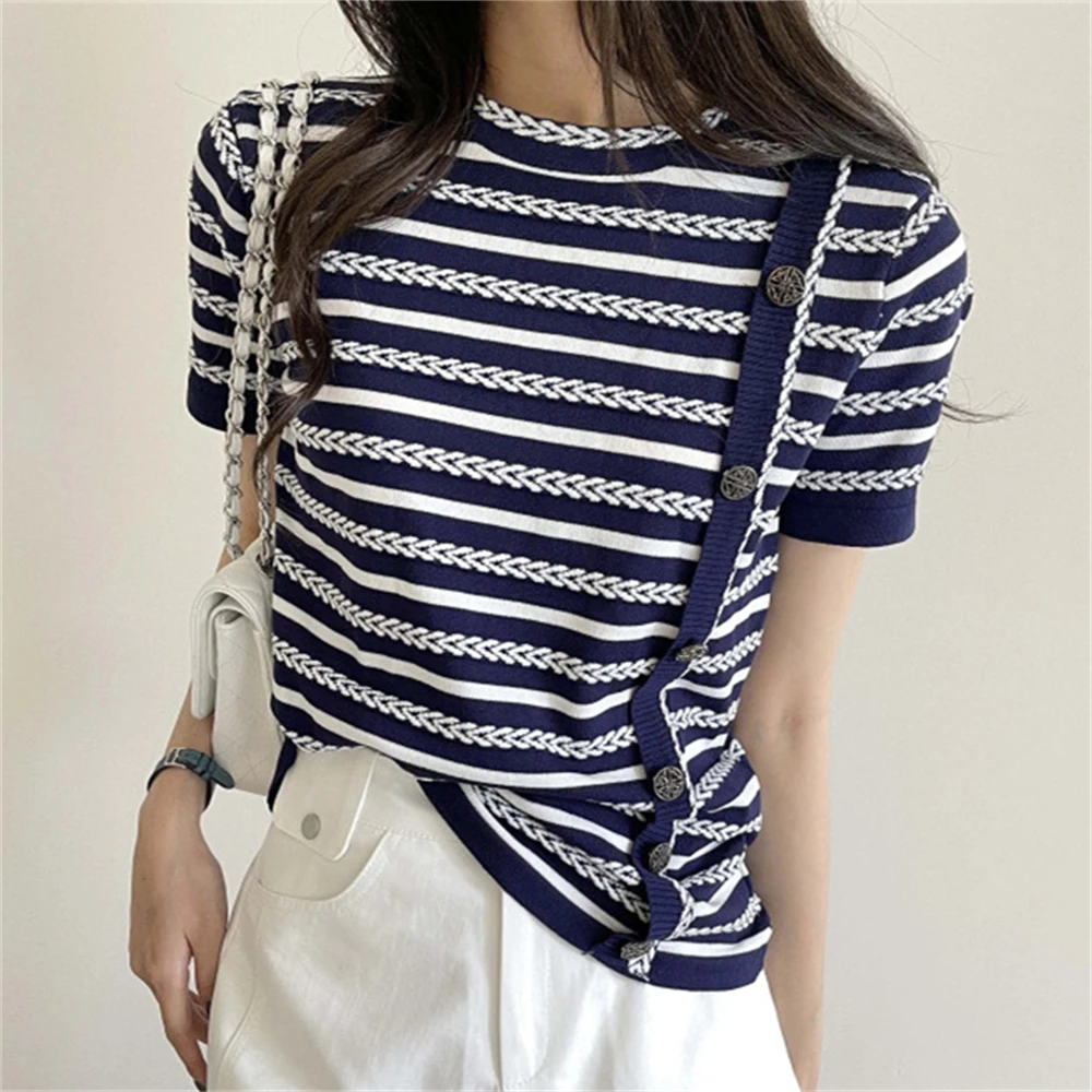 PLAMTEE Summer Retro T-Shirts Sweaters Women Knitwear Office Wear Stripes Hot Stylish 2022 Chic Work Wear Short Sleeves Jumpers